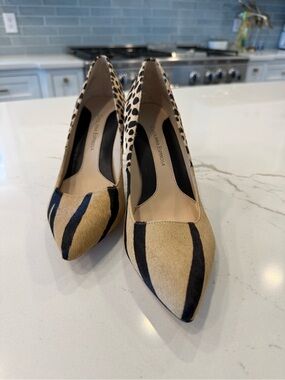 Carolinna Espinoso Embossed Zebra-Print Pointed Pumps in Tan and Black